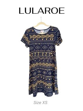 LuLaRoe Carly Navy Blue & Yellow Aztec Print Dress
